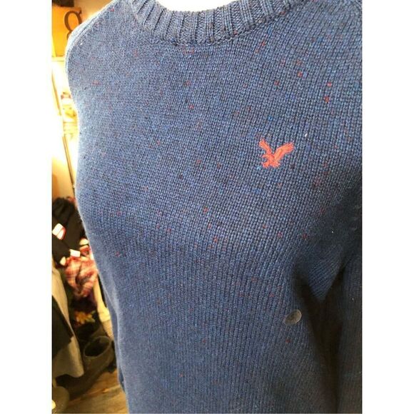 AEO Sweater Blue Confetti knitted Pullover Long Sleeve Elbow Patch 90’s size S - Picture 2 of 6